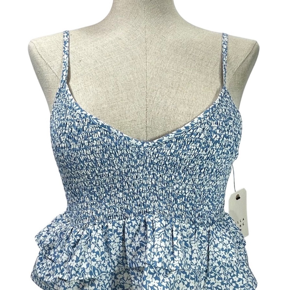 Blue Floral Smocked Spaghetti Strap Women’s Top